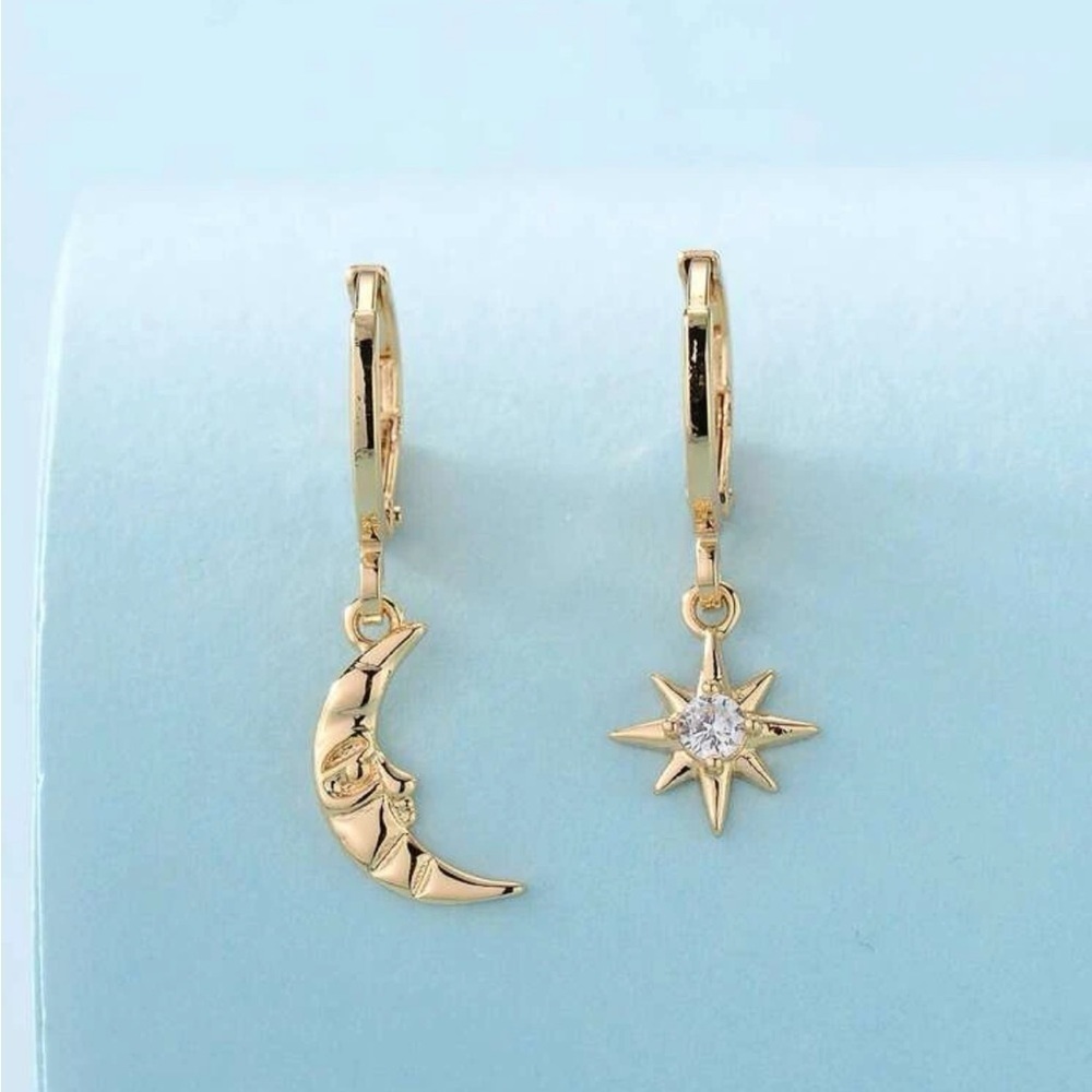 Gold Sun Moon Rhinestone Earrings